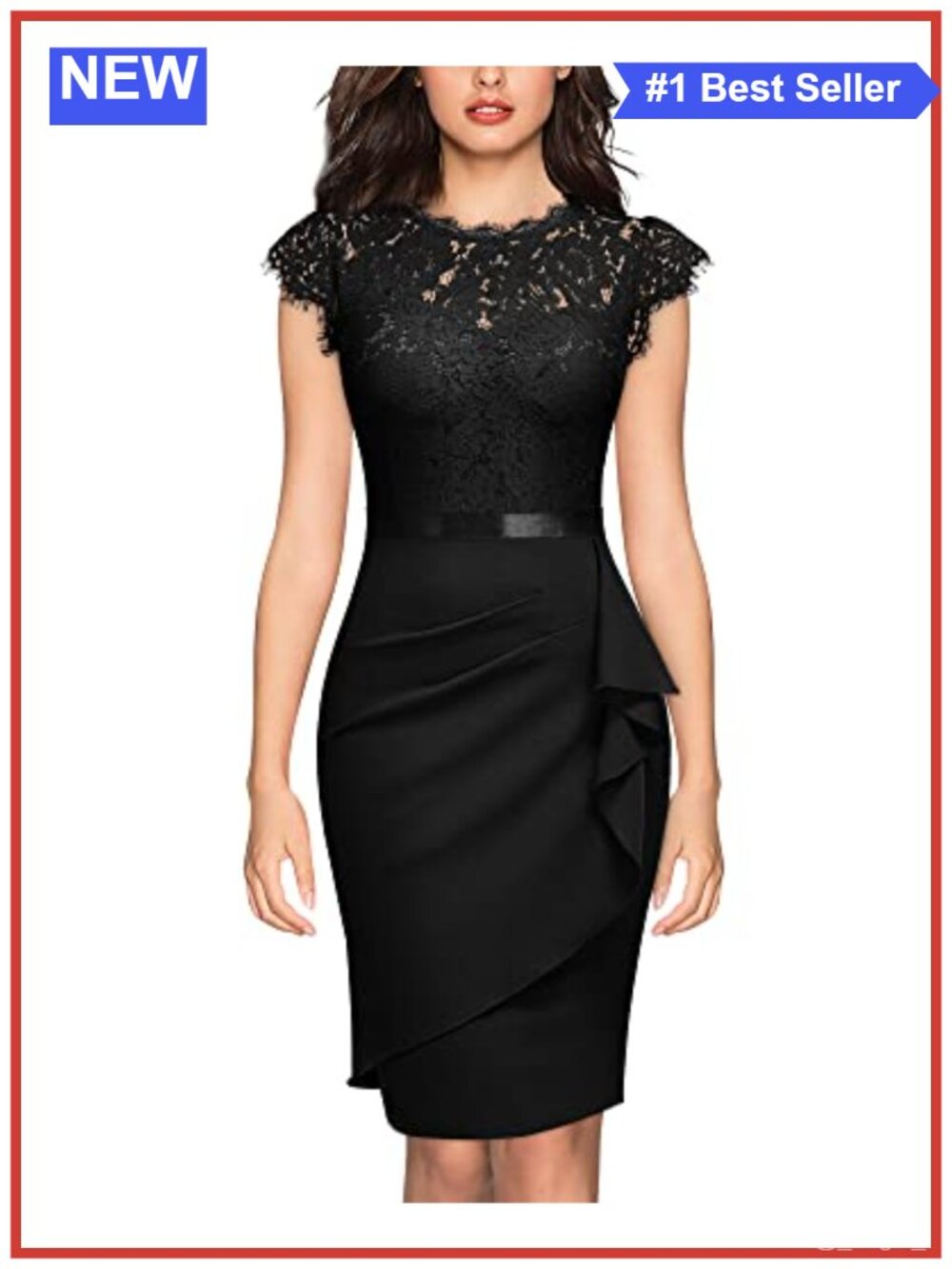 Lace Cap Sleeve Ruffle Cocktail Dress Fitted Sheath Satin Waist Sash